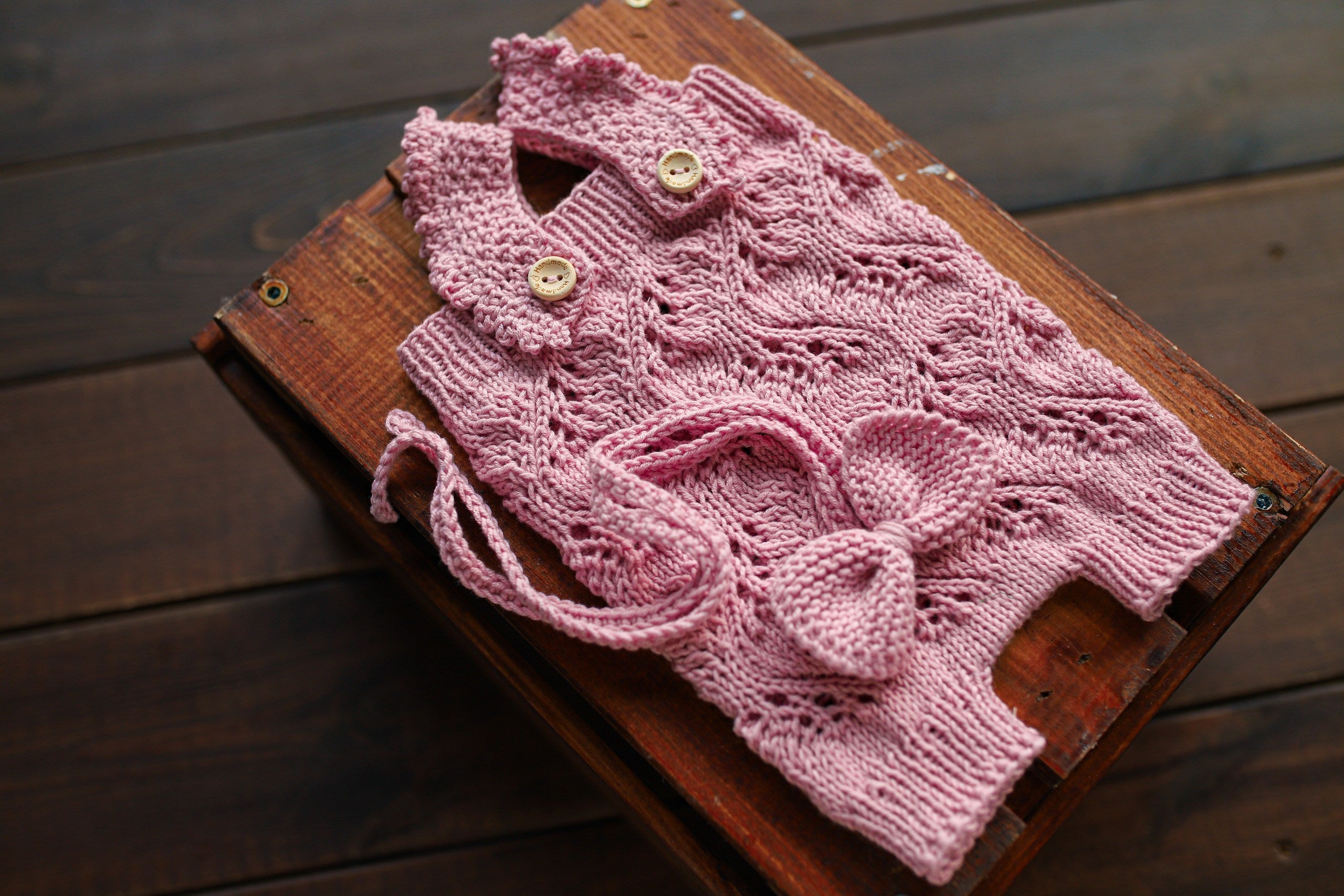 Dusty Pink Leaf Lace Knit Newborn Romper & Headband Set | Newborn Photo Prop