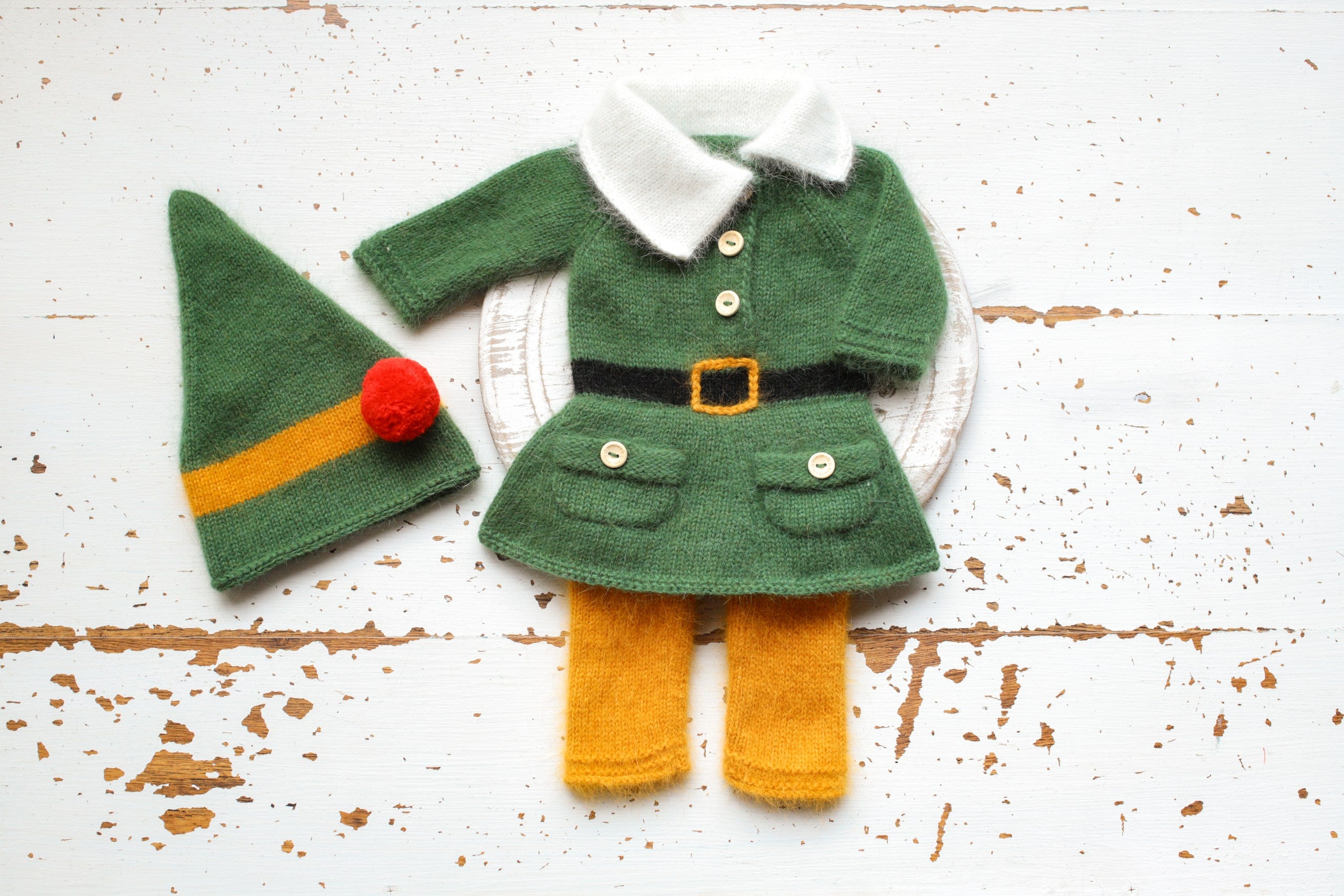 Newborn Baby Elf Costume, Baby Mink Fur Costume, Christmas Newborn Photo Shoot Props, Knitted Elf Set for Photo Shoots, Green Elf Romper and Hat