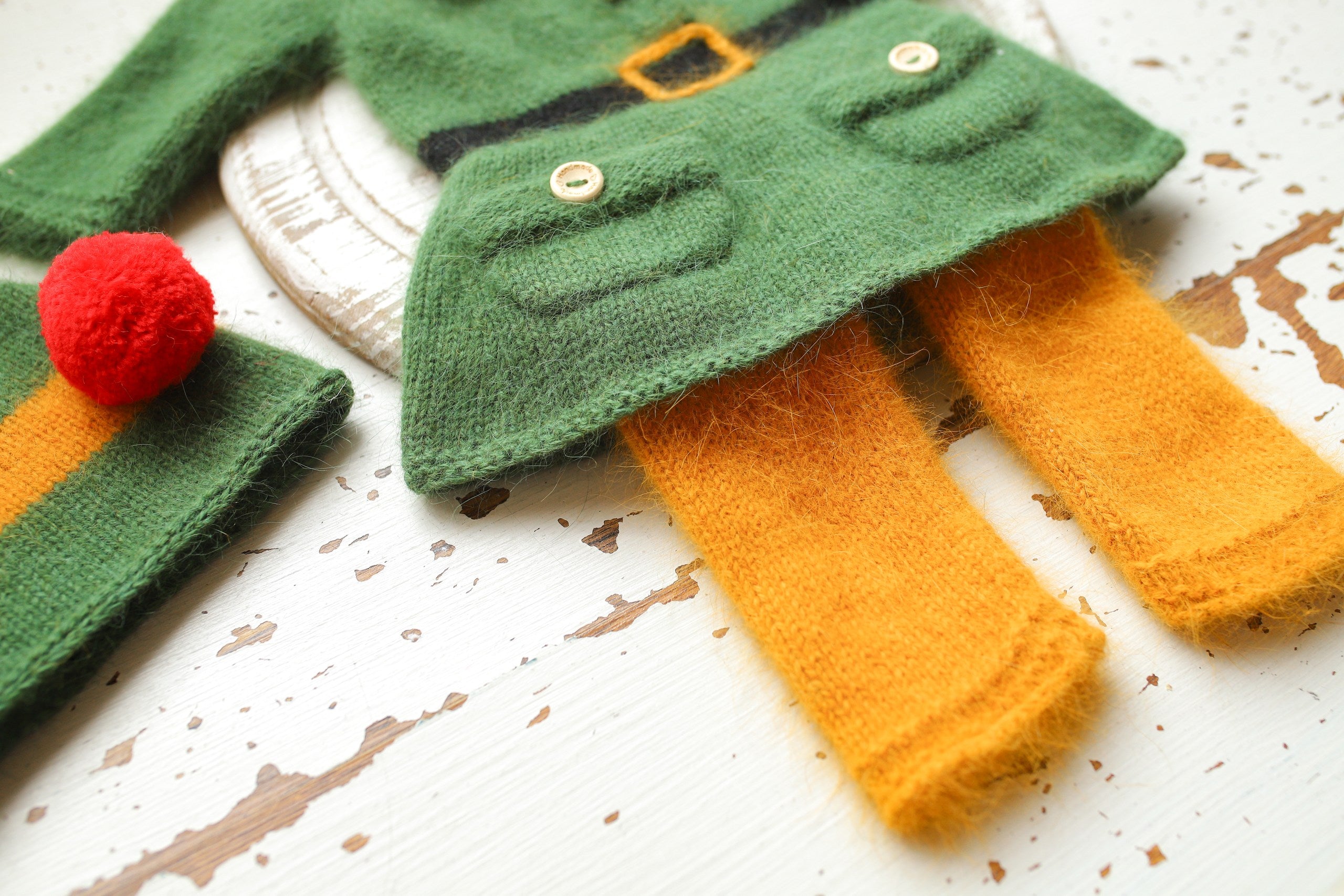 Newborn Baby Elf Costume, Baby Mink Fur Costume, Christmas Newborn Photo Shoot Props, Knitted Elf Set for Photo Shoots, Green Elf Romper and Hat