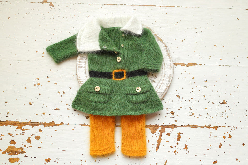 Newborn Baby Elf Costume, Baby Mink Fur Costume, Christmas Newborn Photo Shoot Props, Knitted Elf Set for Photo Shoots, Green Elf Romper and Hat