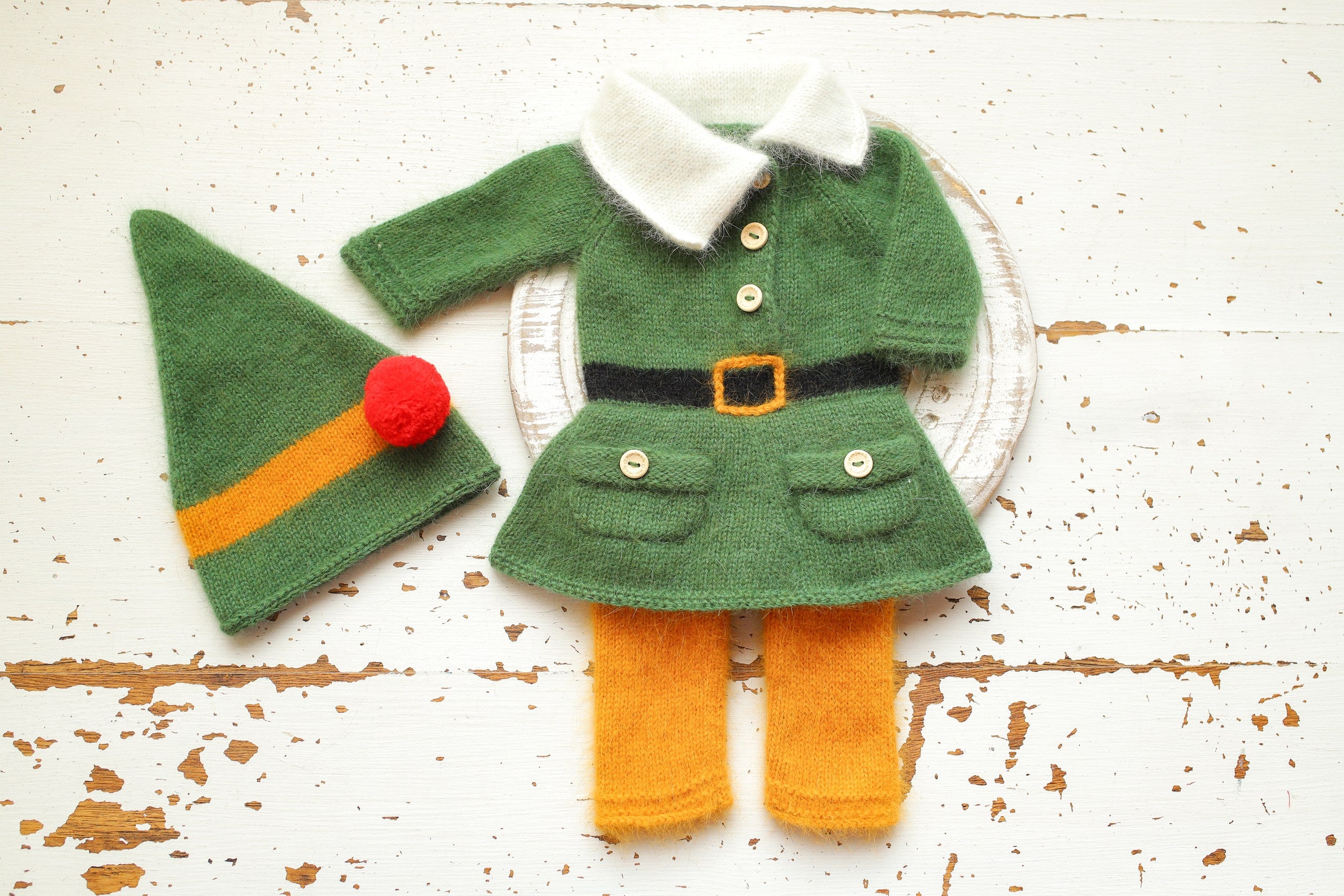 Newborn Baby Elf Costume, Baby Mink Fur Costume, Christmas Newborn Photo Shoot Props, Knitted Elf Set for Photo Shoots, Green Elf Romper and Hat