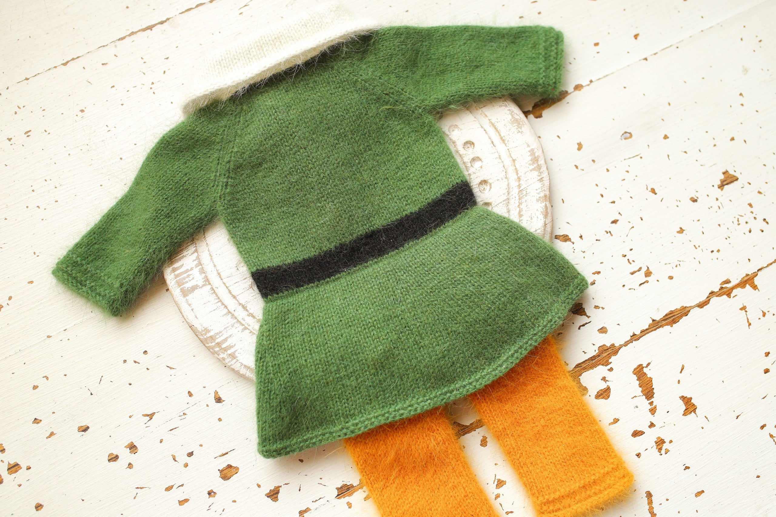 Newborn Baby Elf Costume, Baby Mink Fur Costume, Christmas Newborn Photo Shoot Props, Knitted Elf Set for Photo Shoots, Green Elf Romper and Hat