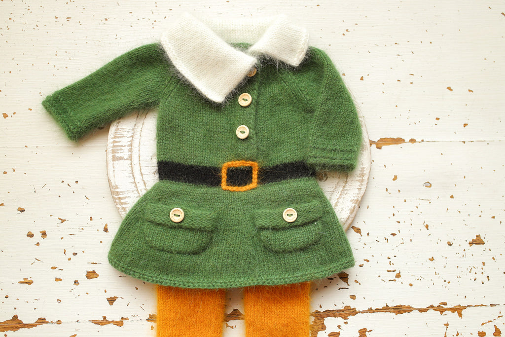 Newborn Baby Elf Costume, Baby Mink Fur Costume, Christmas Newborn Photo Shoot Props, Knitted Elf Set for Photo Shoots, Green Elf Romper and Hat