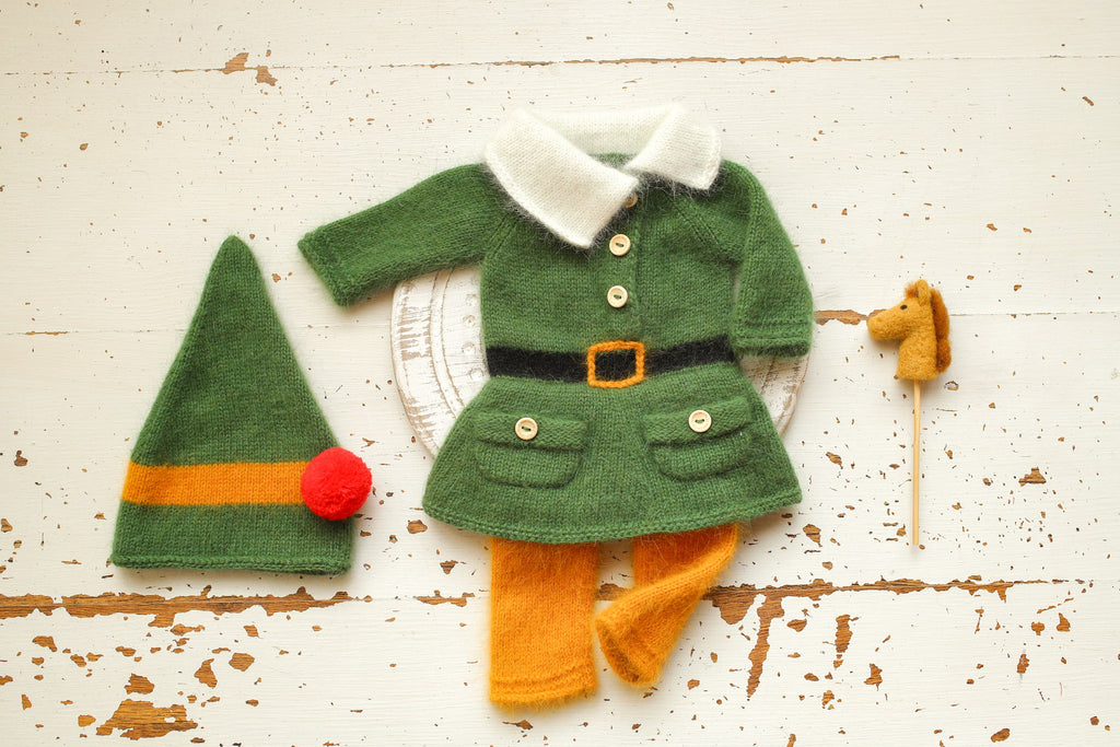 Newborn Baby Elf Costume, Baby Mink Fur Costume, Christmas Newborn Photo Shoot Props, Knitted Elf Set for Photo Shoots, Green Elf Romper and Hat