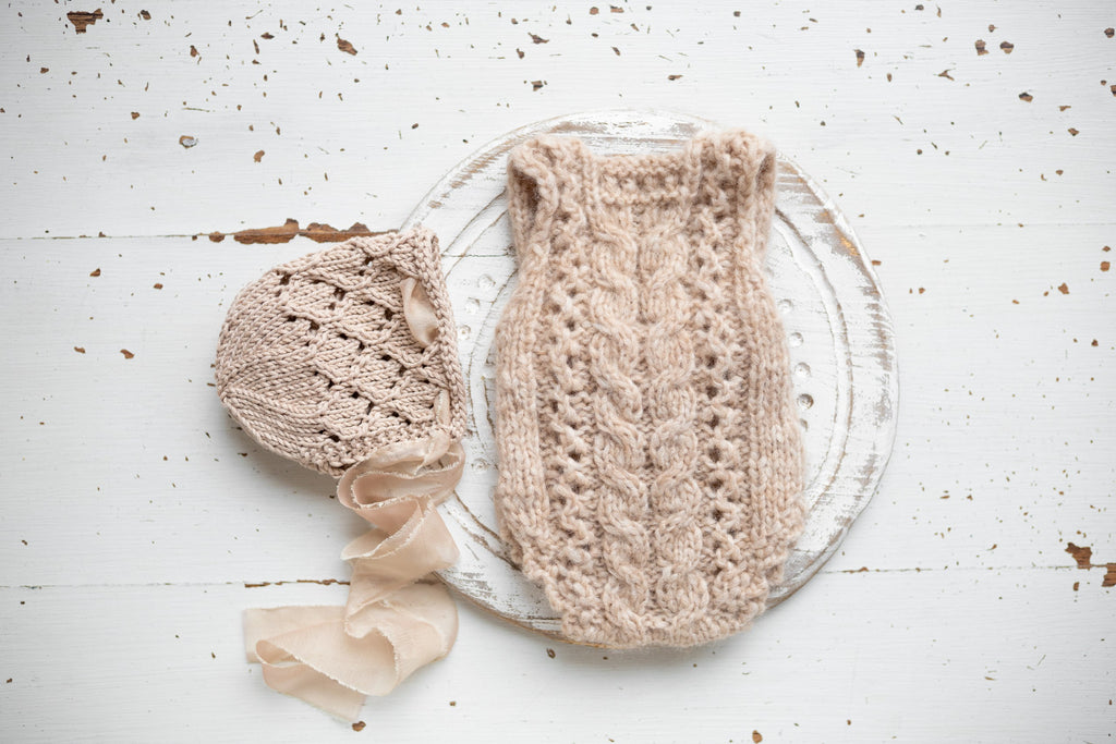 Knitted jumpsuit and bonnet, newborn photo shoot props set, newborn girl photo shoot outfit, newborn props, baby shower gift