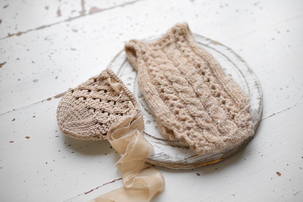 Knitted jumpsuit and bonnet, newborn photo shoot props set, newborn girl photo shoot outfit, newborn props, baby shower gift