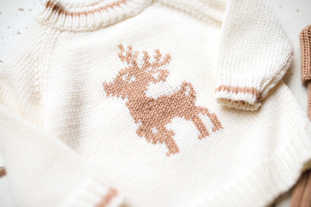Knitted sweater with a reindeer pattern on a white background