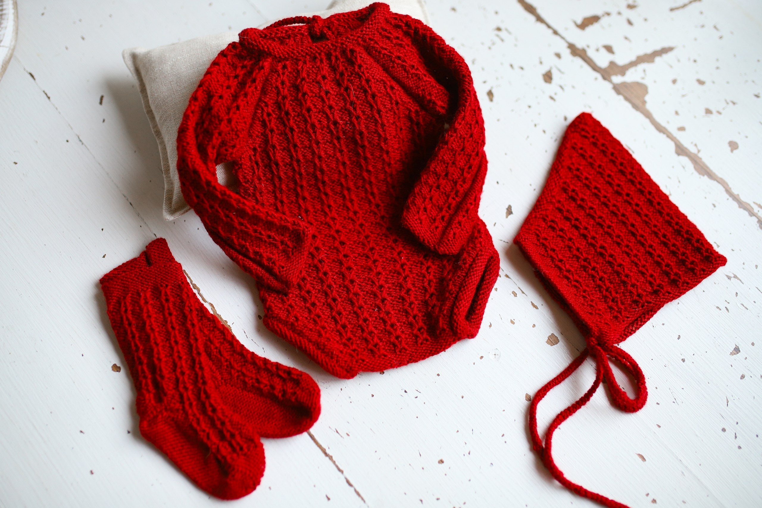 Knitted set for a newborn: jumpsuit, bonnet and socks, clothes for a newborn photo shoot, a gift for a party in honor of the future baby, clothes for discharge from the hospital.