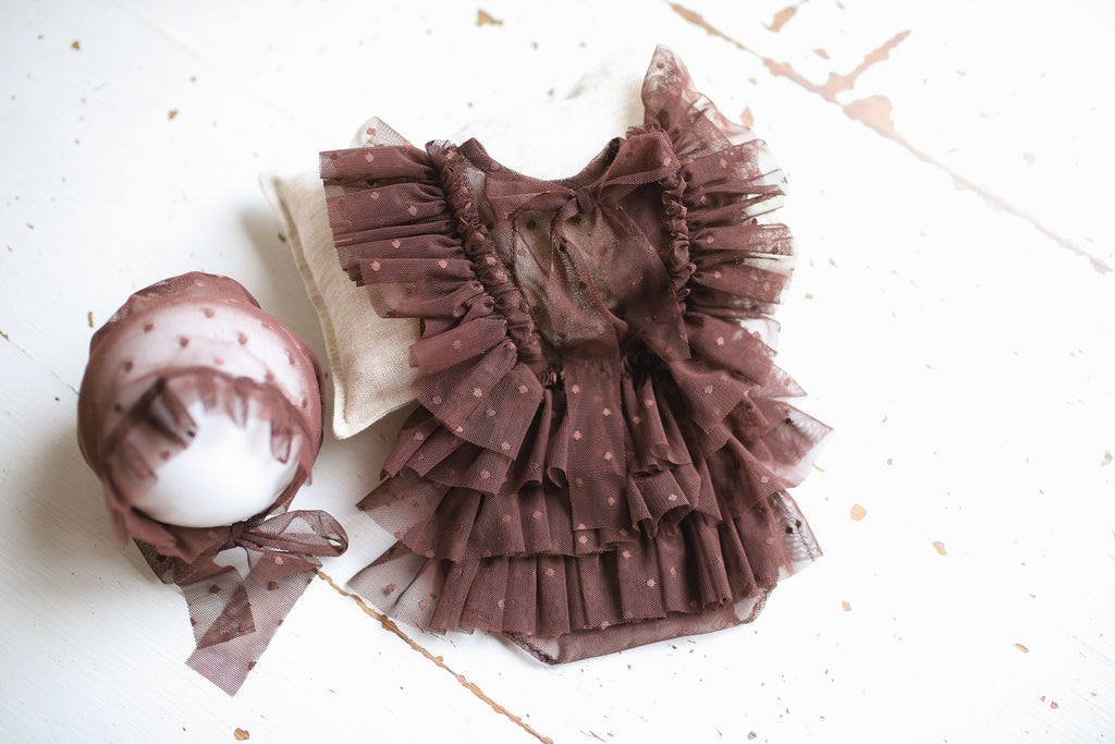 A lace jumpsuit and bonnet set for a newborn girl: perfect for a photo shoot, a hospital discharge outfit, a christening gown, a newborn photo shoot prop, or a baby shower gift.