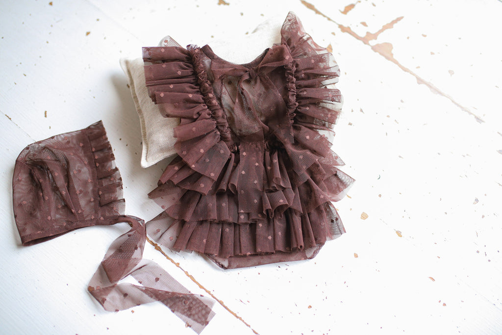 A lace jumpsuit and bonnet set for a newborn girl: perfect for a photo shoot, a hospital discharge outfit, a christening gown, a newborn photo shoot prop, or a baby shower gift.