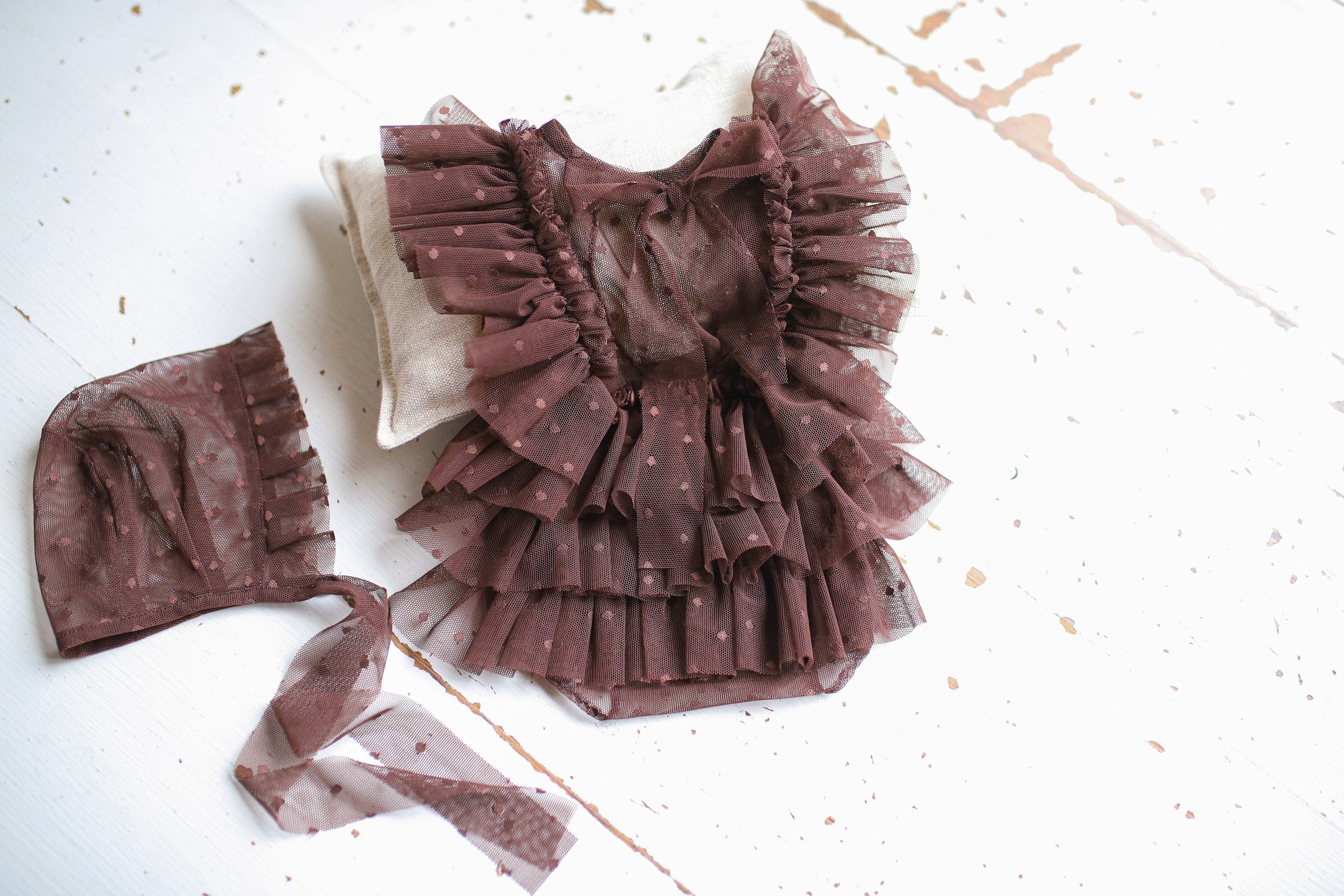 A lace jumpsuit and bonnet set for a newborn girl: perfect for a photo shoot, a hospital discharge outfit, a christening gown, a newborn photo shoot prop, or a baby shower gift.