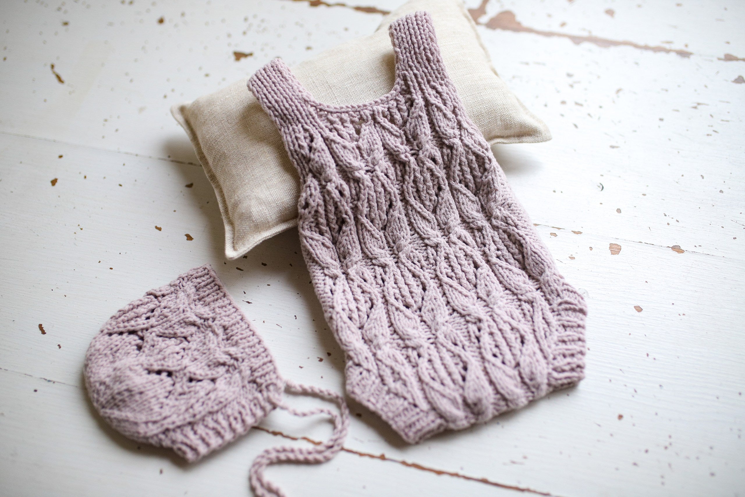 Knitted jumpsuit and bonnet, newborn photo shoot props set, newborn girl photo shoot outfit, newborn props, baby shower gift