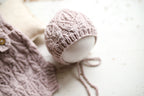 Knitted jumpsuit and bonnet, newborn photo shoot props set, newborn girl photo shoot outfit, newborn props, baby shower gift
