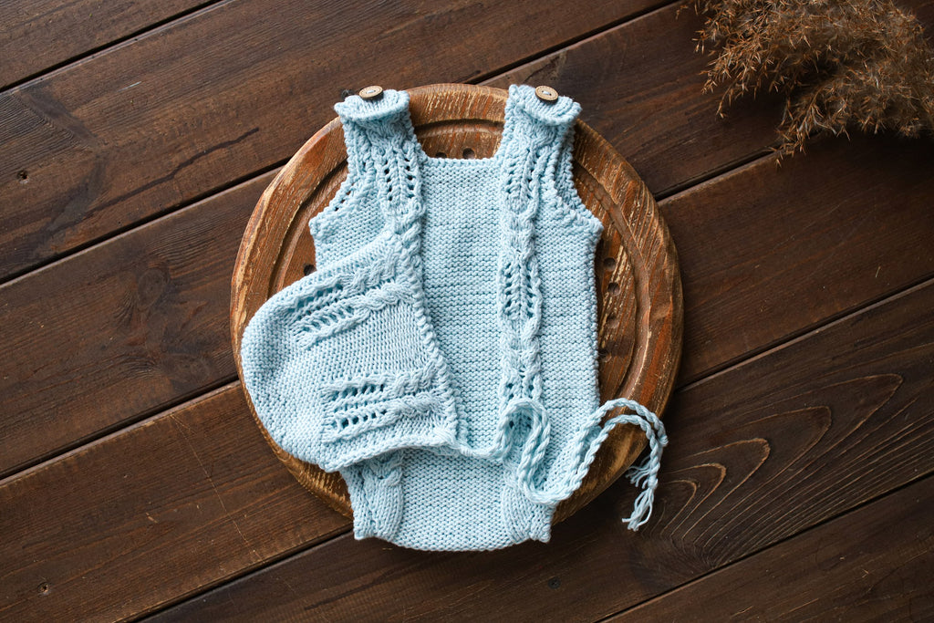 Knitted jumpsuit and bonnet, newborn photography props set, newborn photography clothes, newborn girl photo shoot clothes, maternity gift