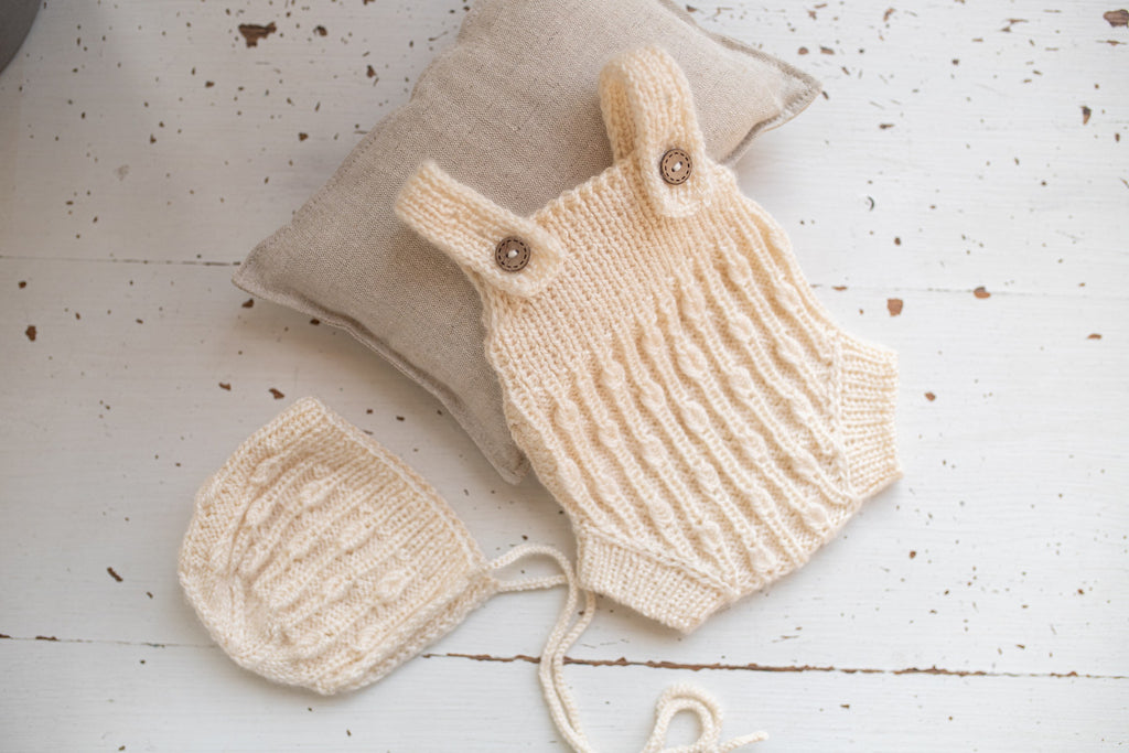 Newborn Baby Set: Romper and Cap, Gender Neutral Baby Outfit, Wool Blend Romper, Newborn Photo Shoot Outfit, Newborn Photo Prop Set, Baby Shower Gift