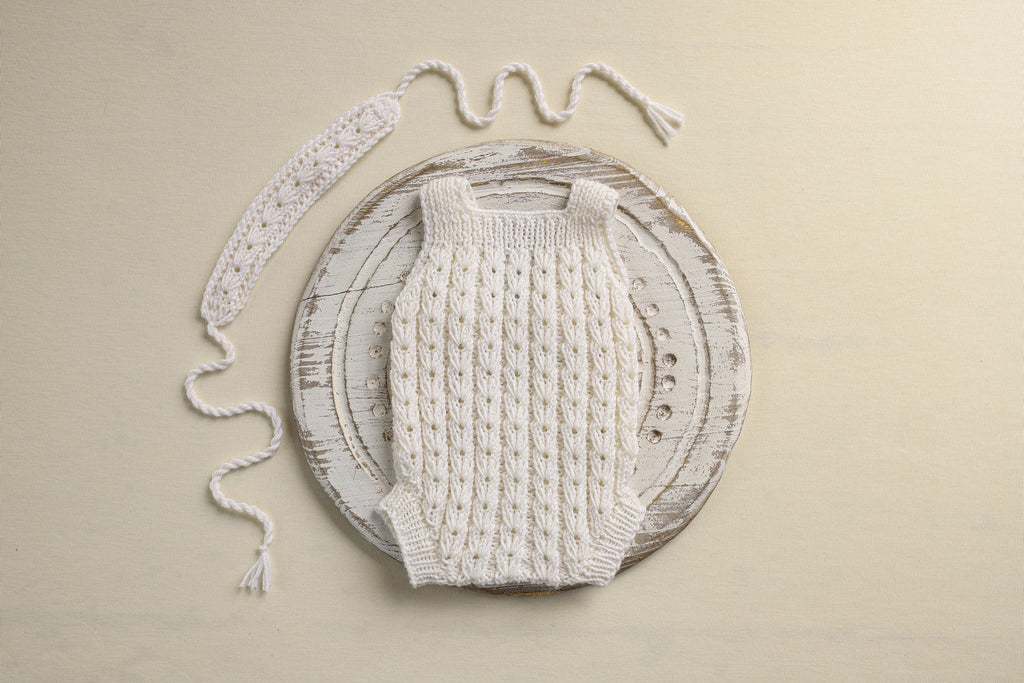 Knitted jumpsuit and headband, newborn photo shoot prop set, newborn girl photo shoot clothes, maternity gift.