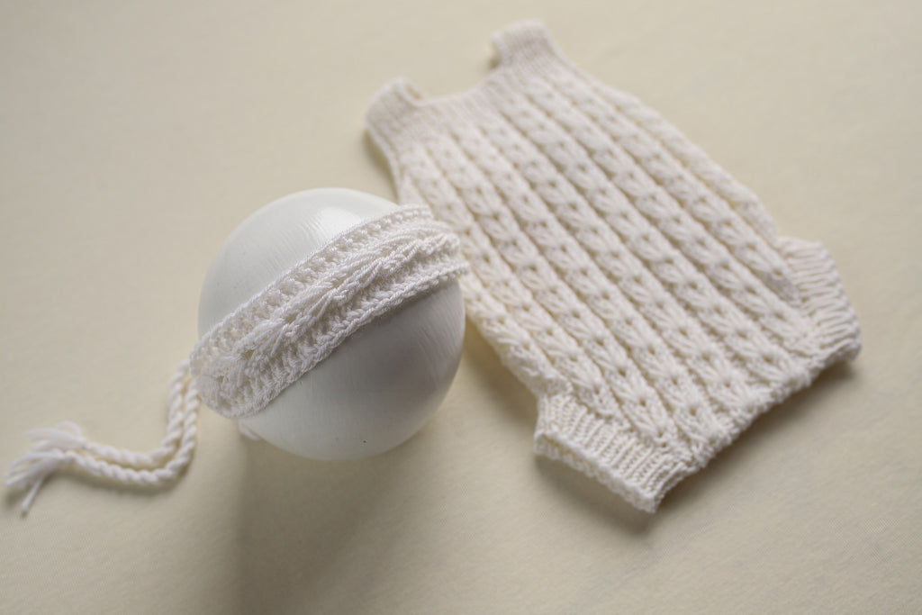 Knitted jumpsuit and headband, newborn photo shoot prop set, newborn girl photo shoot clothes, maternity gift.