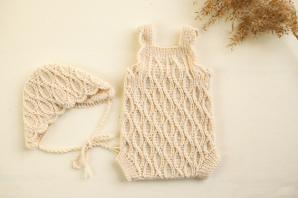 Knitted jumpsuit and bonnet, newborn photo shoot props set, newborn girl photo shoot outfit, maternity gift, newborn props