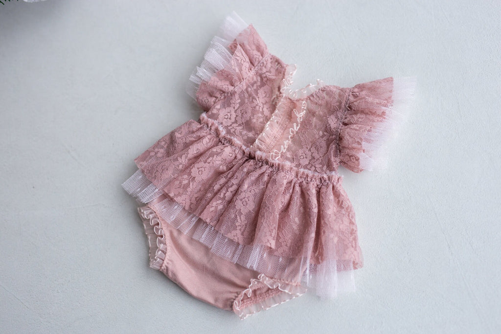 Pink romper for newborn girl elegant lace trim,Newborn Girl Outfit,Newborn Photography Props,Newborn Photo Props,