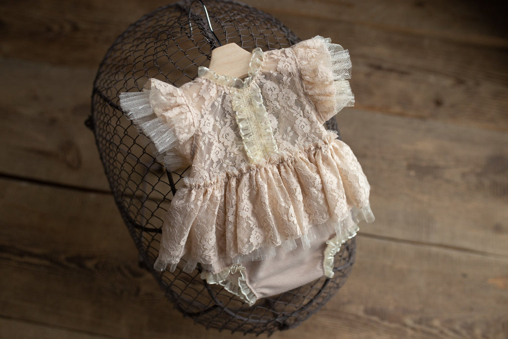Beige romper newborn girl elegant lace trim,Newborn Girl Outfit,Newborn Photography Prop,Newborn Photo Prop,Newborn baby gift,Pregnancy gift