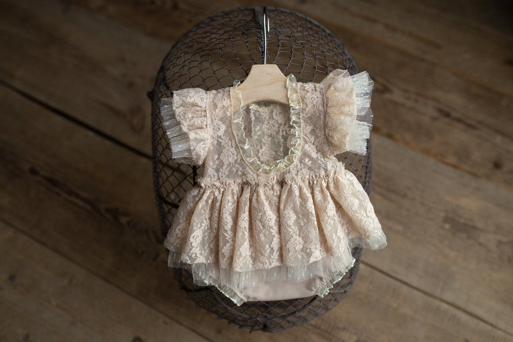 Beige romper newborn girl elegant lace trim,Newborn Girl Outfit,Newborn Photography Prop,Newborn Photo Prop,Newborn baby gift,Pregnancy gift