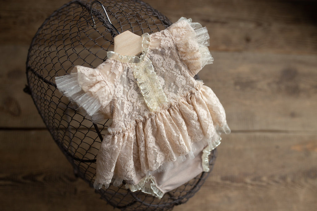 Beige romper newborn girl elegant lace trim,Newborn Girl Outfit,Newborn Photography Prop,Newborn Photo Prop,Newborn baby gift,Pregnancy gift