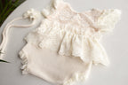 Cream Newborn girl romper  with elegant lace trim & headband,Newborn Outfit,Pregnancy gift,,Newborn Photography Props,Newborn Photo Props