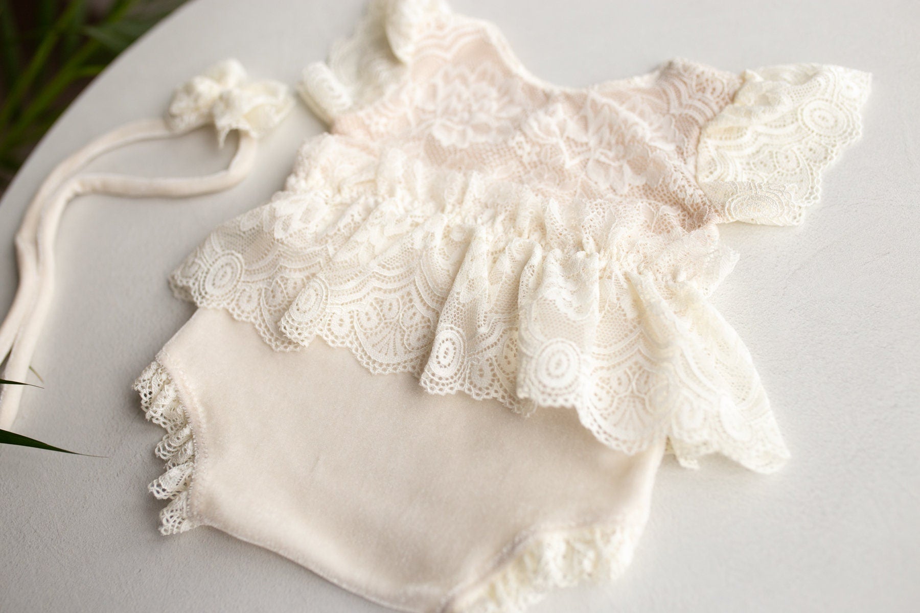 Cream Newborn girl romper  with elegant lace trim & headband,Newborn Outfit,Pregnancy gift,,Newborn Photography Props,Newborn Photo Props
