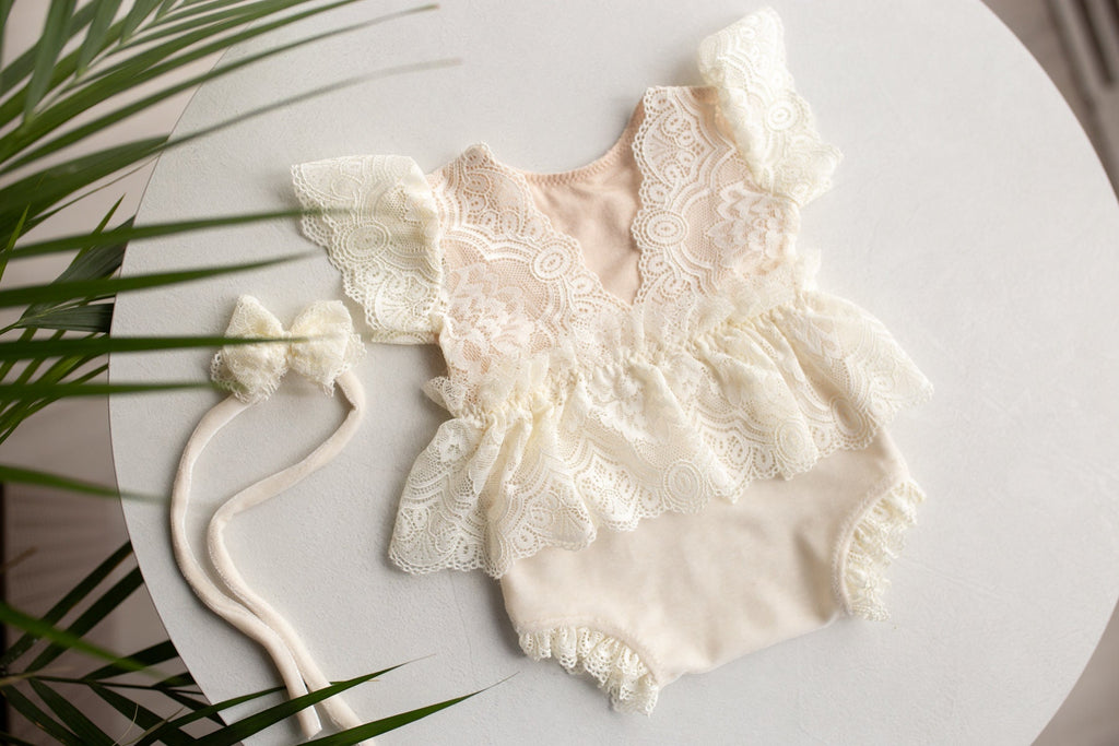 Cream Newborn girl romper  with elegant lace trim & headband,Newborn Outfit,Pregnancy gift,,Newborn Photography Props,Newborn Photo Props