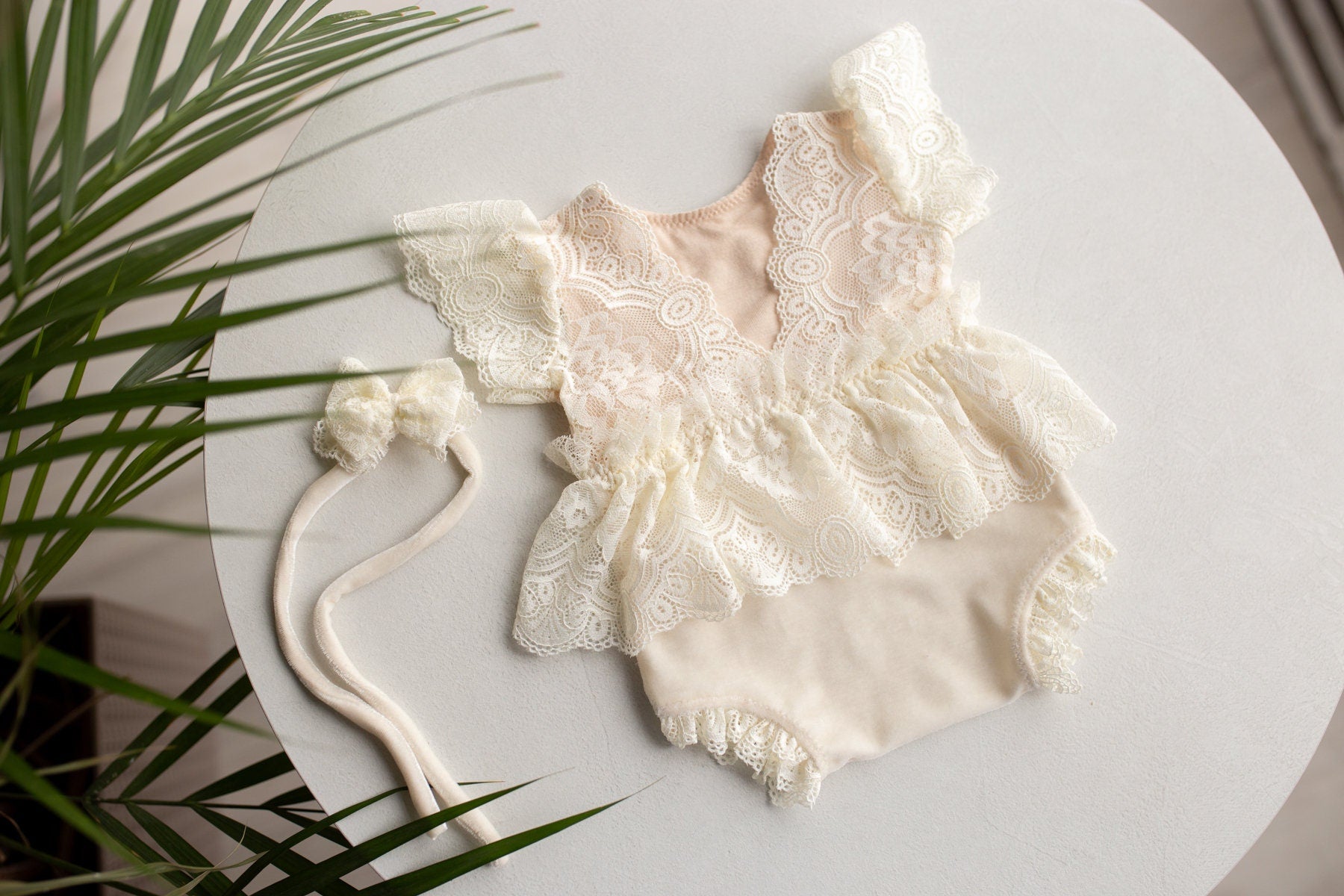 Cream Newborn girl romper  with elegant lace trim & headband,Newborn Outfit,Pregnancy gift,,Newborn Photography Props,Newborn Photo Props