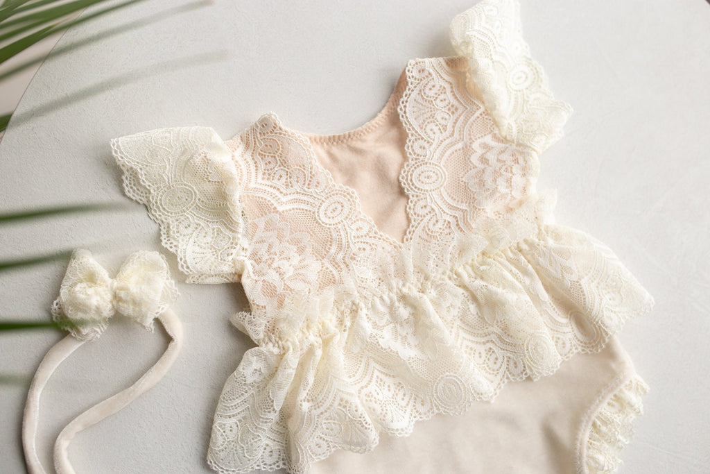 Cream Newborn girl romper  with elegant lace trim & headband,Newborn Outfit,Pregnancy gift,,Newborn Photography Props,Newborn Photo Props