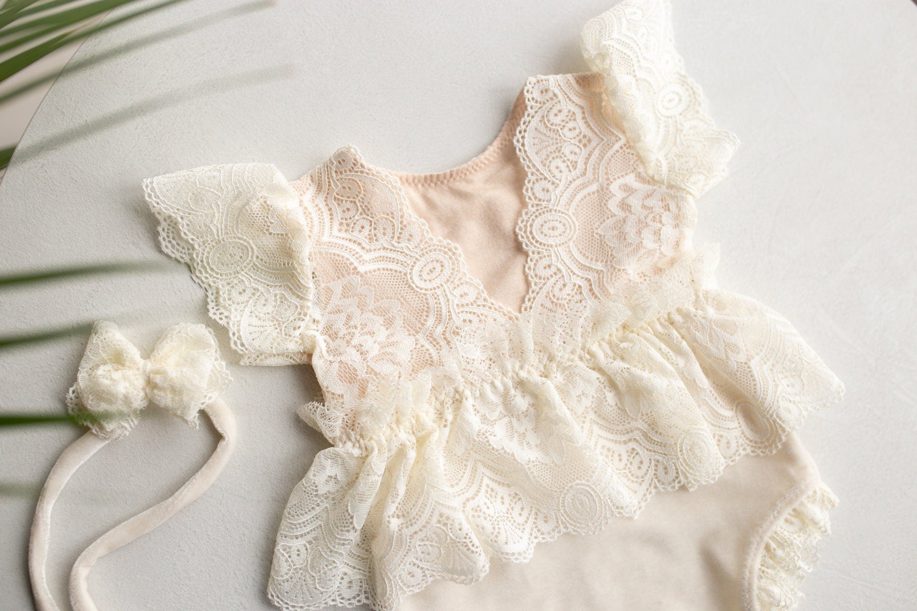 Cream Newborn girl romper  with elegant lace trim & headband,Newborn Outfit,Pregnancy gift,,Newborn Photography Props,Newborn Photo Props