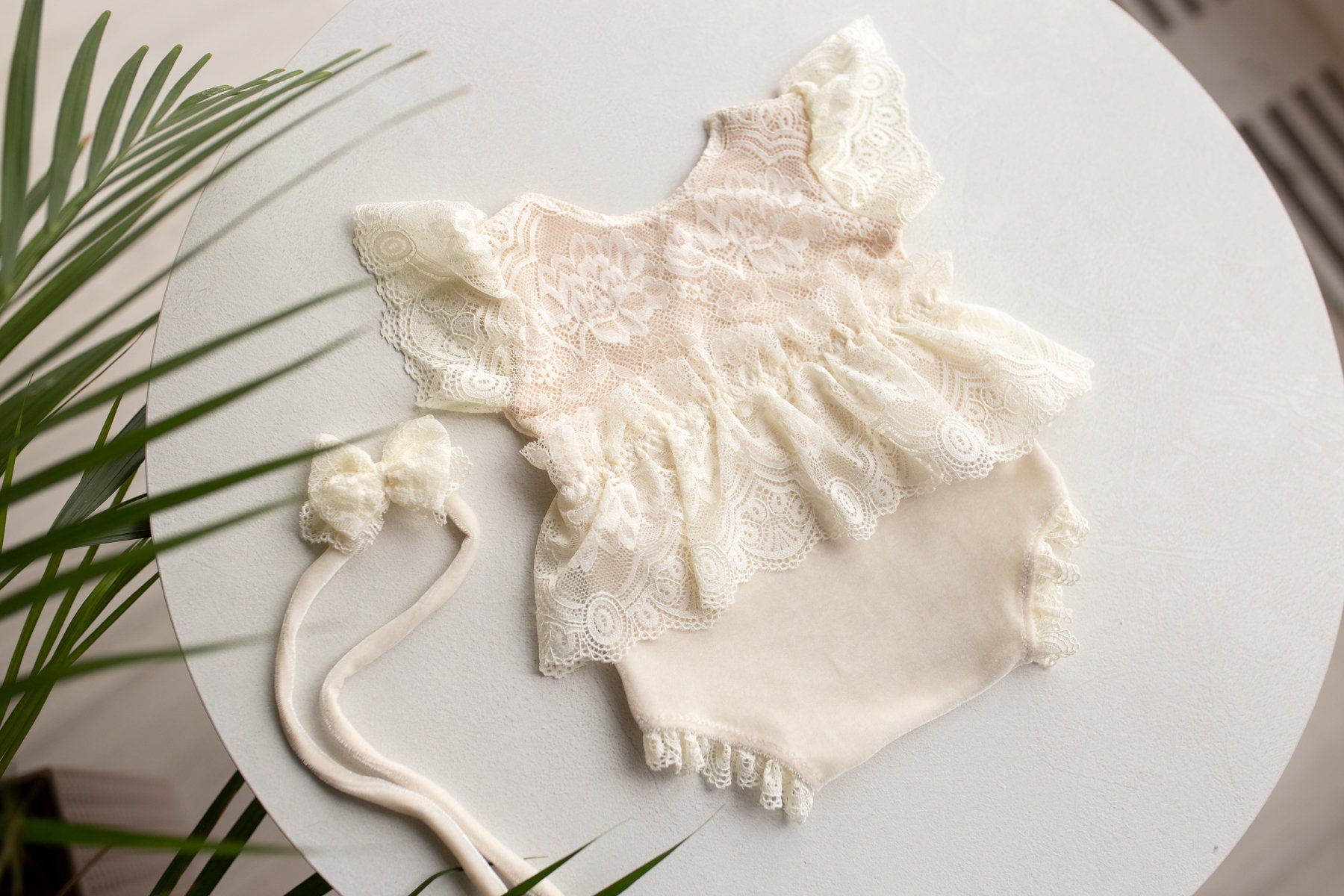 Cream Newborn girl romper  with elegant lace trim & headband,Newborn Outfit,Pregnancy gift,,Newborn Photography Props,Newborn Photo Props