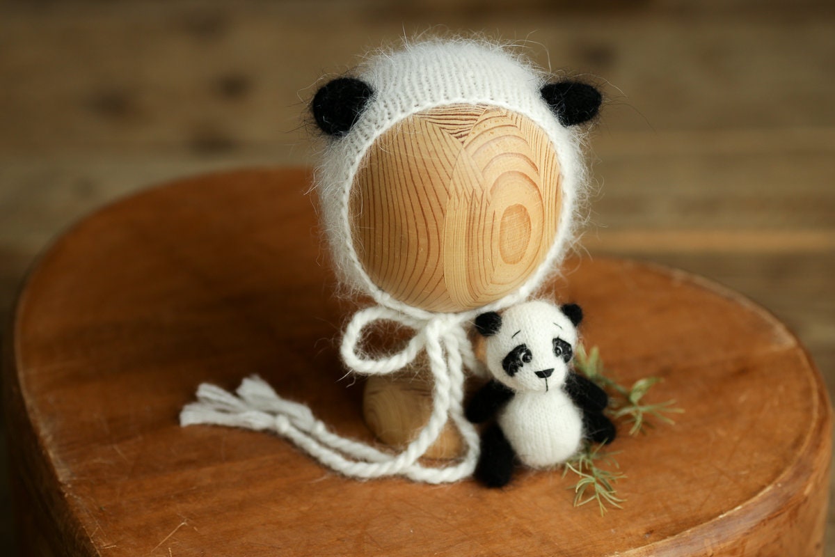 Newborn Knitted Panda Photography Props,Newborn Panda Hat,Newborn Knit Panda Toy,Baby Panda Crochet Toy,Newborn Photography Prop