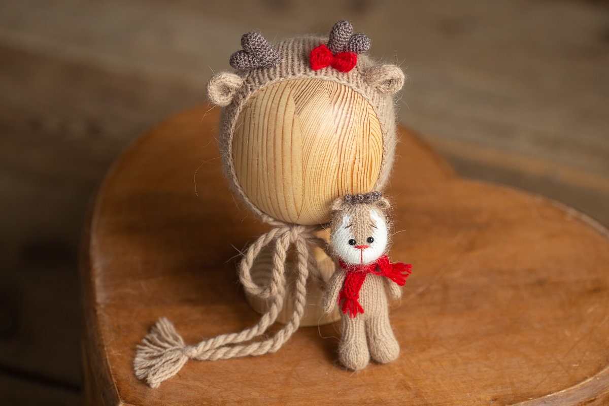 Newborn Knitted Deer Photography Props,Newborn Deer Hat,Newborn Knit Deer Toy,Baby Deer Crochet Toy,Newborn Photography Prop