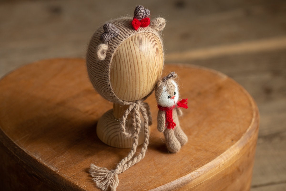 Newborn Knitted Deer Photography Props,Newborn Deer Hat,Newborn Knit Deer Toy,Baby Deer Crochet Toy,Newborn Photography Prop