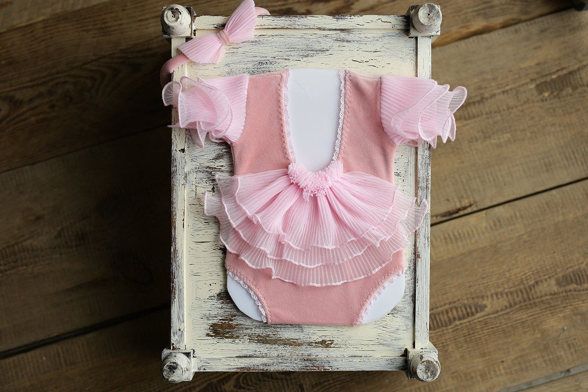 Newborn girl romper with elegant lace trim & headband,Newborn Romper,Newborn photography prop,Newborn photo outfit girl,Pregnancy gift
