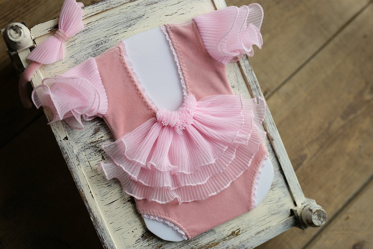 Newborn girl romper with elegant lace trim & headband,Newborn Romper,Newborn photography prop,Newborn photo outfit girl,Pregnancy gift