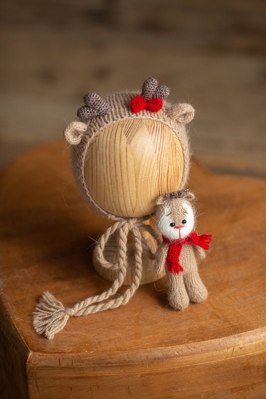 Newborn Knitted Deer Photography Props,Newborn Deer Hat,Newborn Knit Deer Toy,Baby Deer Crochet Toy,Newborn Photography Prop