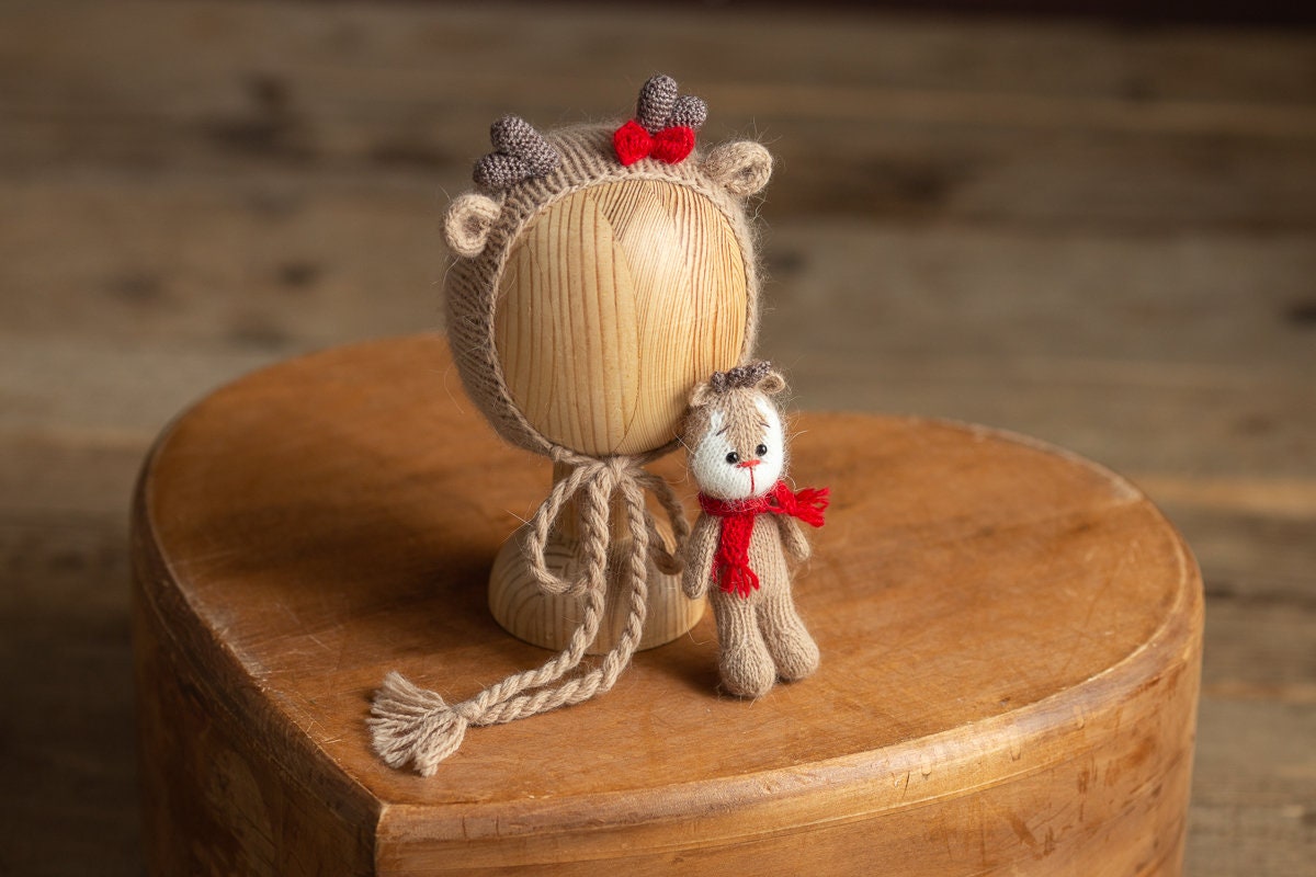 Newborn Knitted Deer Photography Props,Newborn Deer Hat,Newborn Knit Deer Toy,Baby Deer Crochet Toy,Newborn Photography Prop
