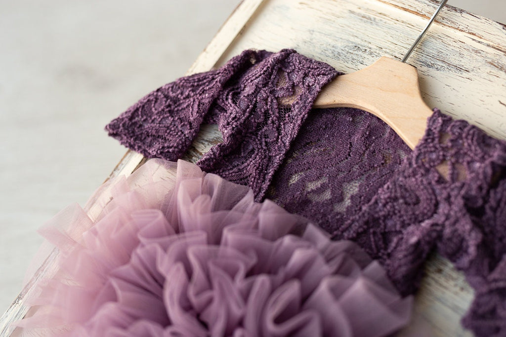 Purple lace romper for newborn girl photography outfit,Newborn Romper,Newborn Outfit,Newborn romper with Headband,Newborn Photography Prop