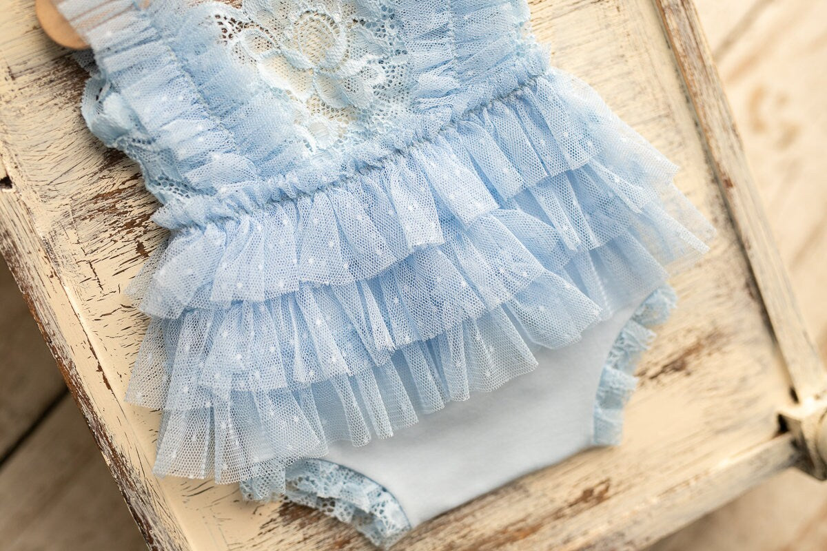 Blue newborn romper for girl with elegant lace trim, headband and newborn pillow prop,Newborn Girl Romper,Newborn Outfit,Newborn Photography
