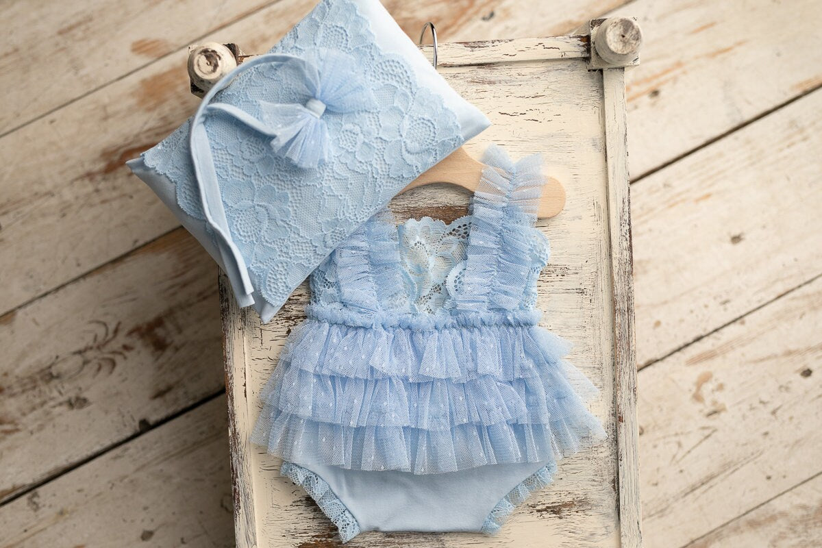 Blue newborn romper for girl with elegant lace trim, headband and newborn pillow prop,Newborn Girl Romper,Newborn Outfit,Newborn Photography