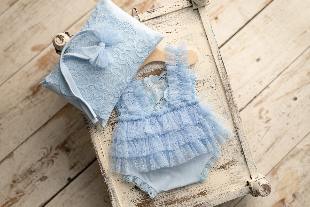 Blue newborn romper for girl with elegant lace trim, headband and newborn pillow prop,Newborn Girl Romper,Newborn Outfit,Newborn Photography