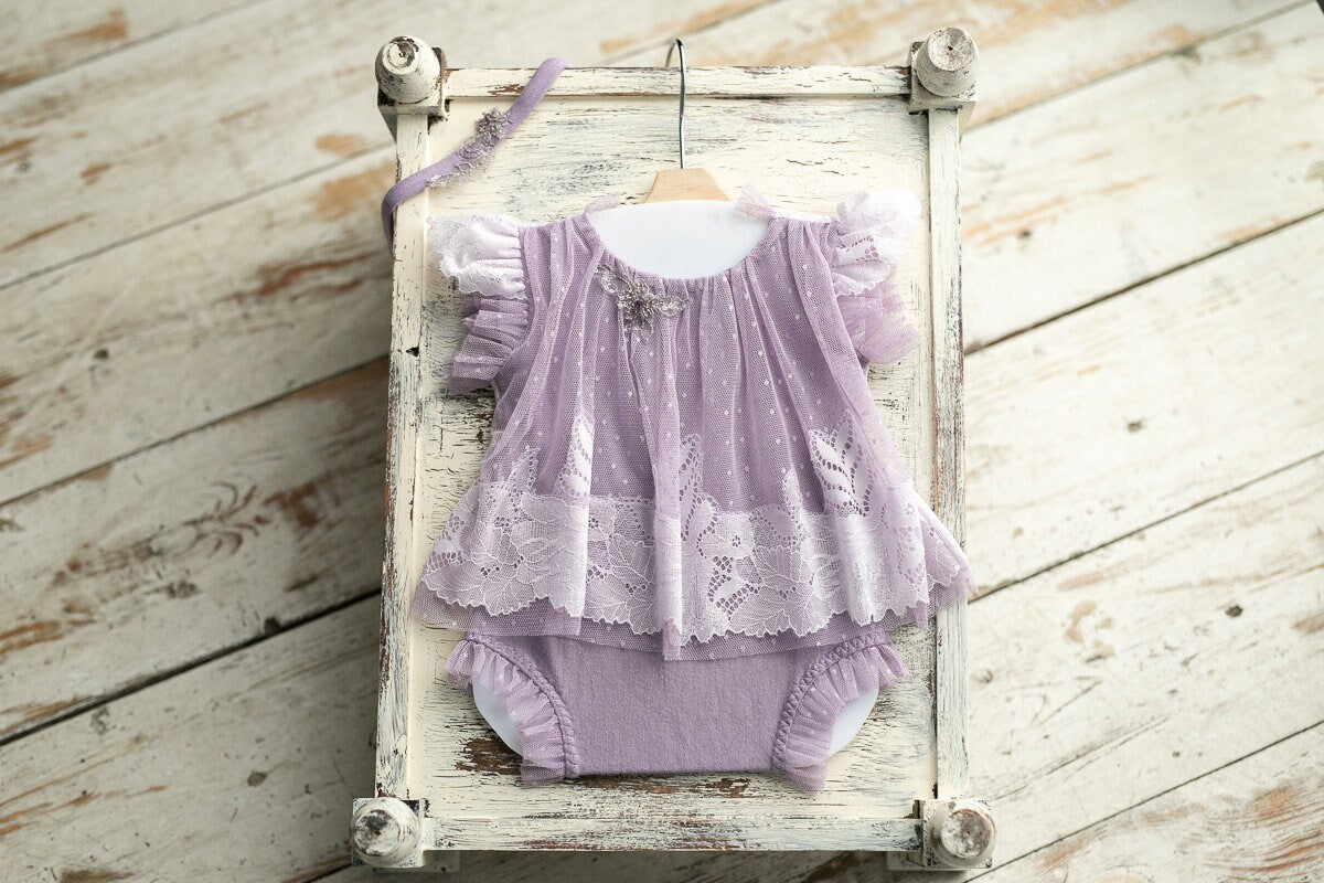 Romper for newborn girl with lace trim & headband,Newborn Outfit,Newborn photo outfit girl,Newborn Photography Prop,Newborn Photo Prop