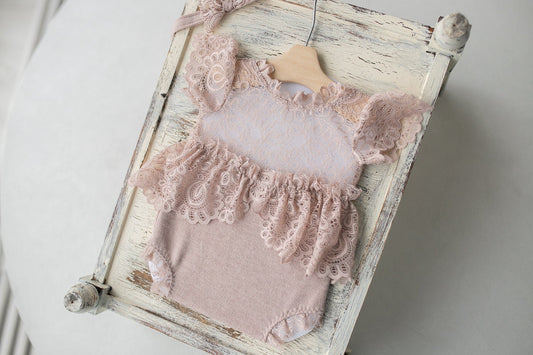 Newborn girl romper with elegant lace trim & headband,Newborn Romper,Newborn photography prop,Newborn photo outfit girl,Pregnancy gift