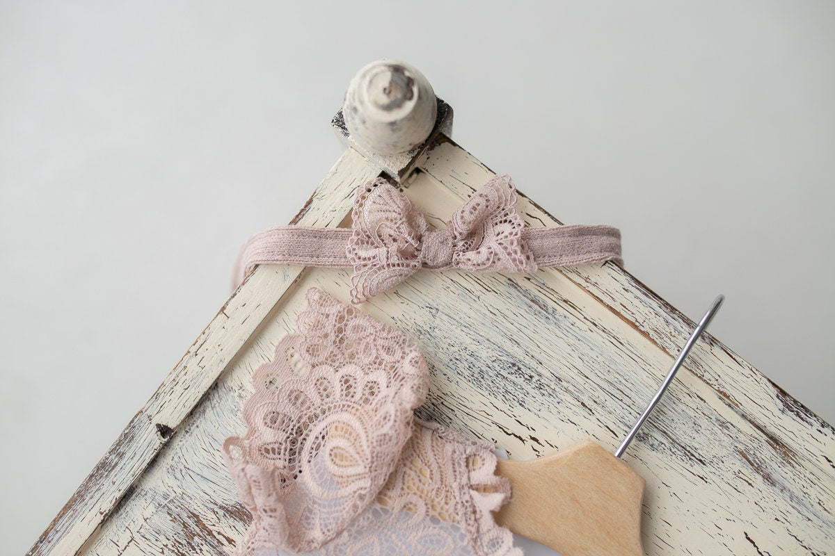 Newborn girl romper with elegant lace trim & headband,Newborn Romper,Newborn photography prop,Newborn photo outfit girl,Pregnancy gift