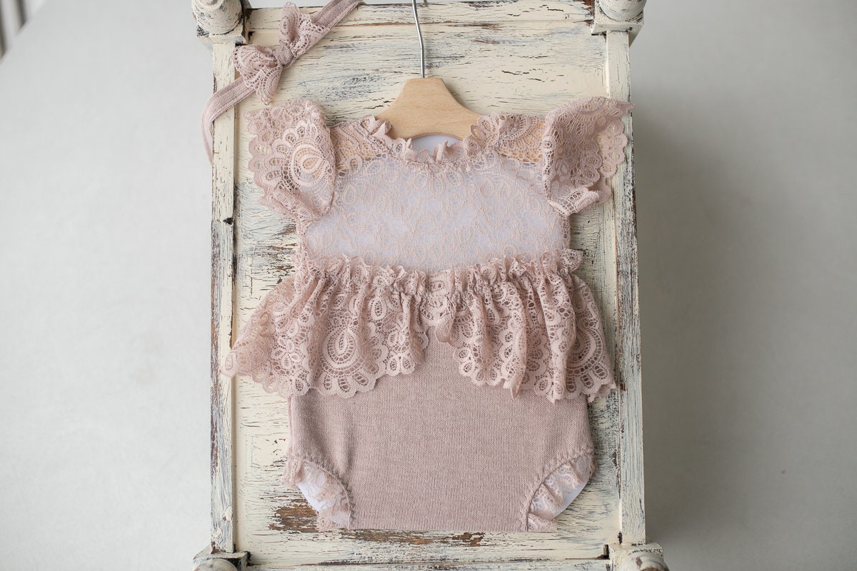 Newborn girl romper with elegant lace trim & headband,Newborn Romper,Newborn photography prop,Newborn photo outfit girl,Pregnancy gift