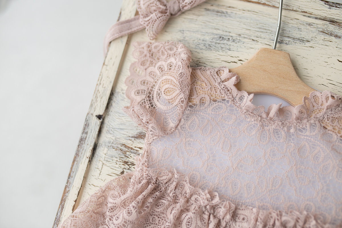 Newborn girl romper with elegant lace trim & headband,Newborn Romper,Newborn photography prop,Newborn photo outfit girl,Pregnancy gift