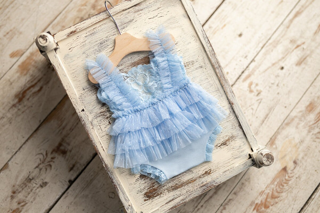 Blue newborn romper for girl with elegant lace trim, headband and newborn pillow prop,Newborn Girl Romper,Newborn Outfit,Newborn Photography